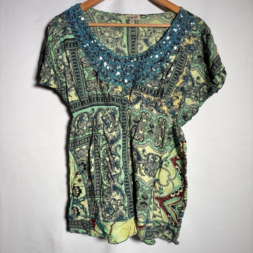 One World Top Womens Large Boho Tunic Sequins Flowy Artsy Fairy Babydoll Empire